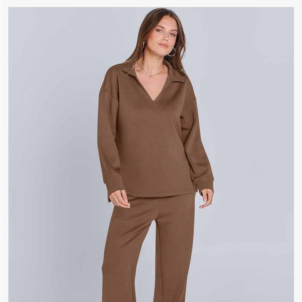 Brown Lounge Set with V-Neck Top and Drawstring Pants - Picture 2 of 3